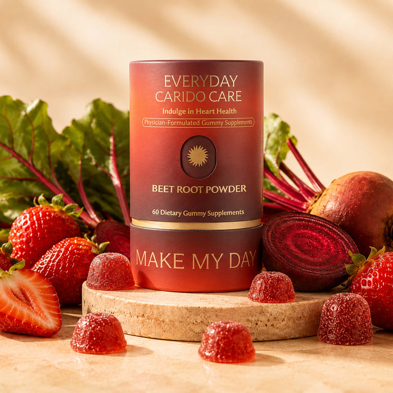 A cylindrical supplement bottle labeled 'EVERYDAY CARIDO CARE' and 'BEET ROOT POWDER' stands on a stone pedestal, surrounded by fresh strawberries, beet greens, and beetroot slices on a warm beige surface.