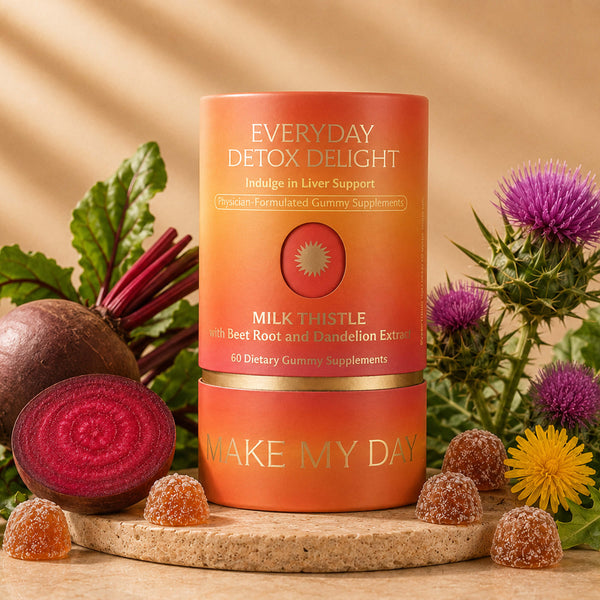 A cylindrical bottle of Everyday Detox Delight Milk Thistle gummy supplements, styled with beet, thistles, and gummies on a wooden surface against a warm beige background.