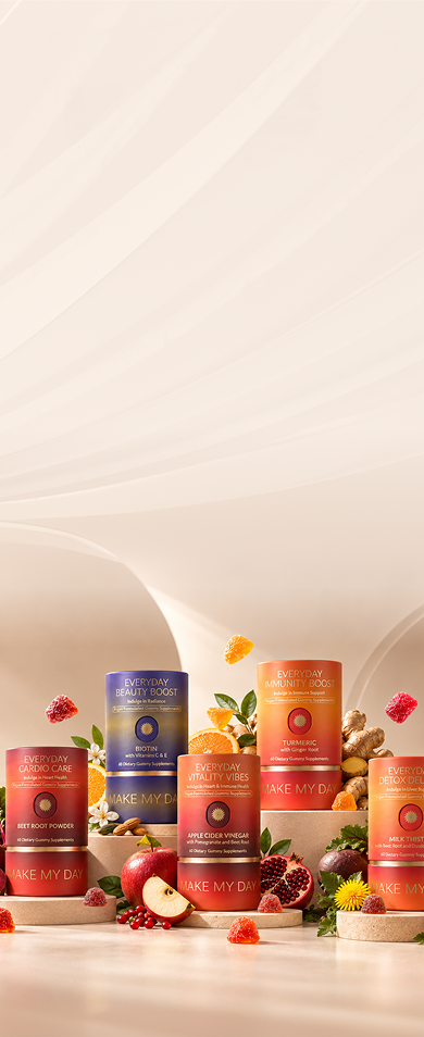 Make My Day gummy supplements on stone pedestals